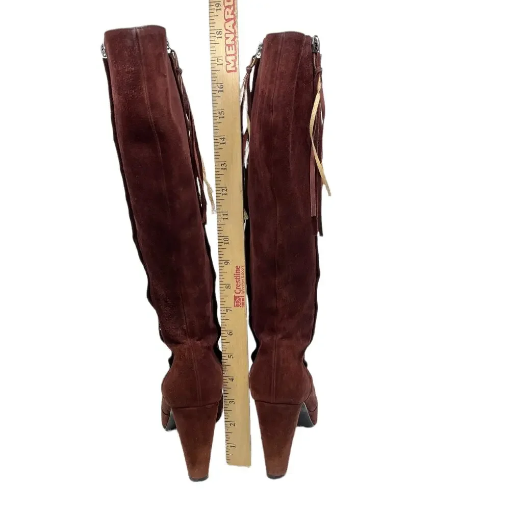 Pollini Suede Knee High Boot Womens SZ 6.5 Maroon Tassel Tall Heel Double Zip